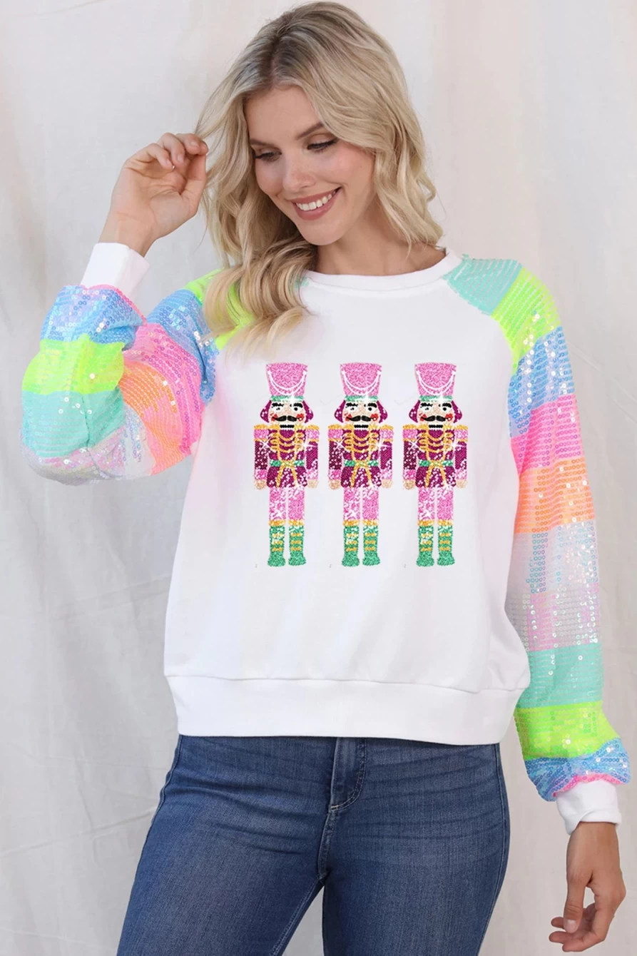 Shewin Women's White Sequin Colorblock Sleeve Nutcracker Graphic Sweatshirt - Festive Holiday Sweater