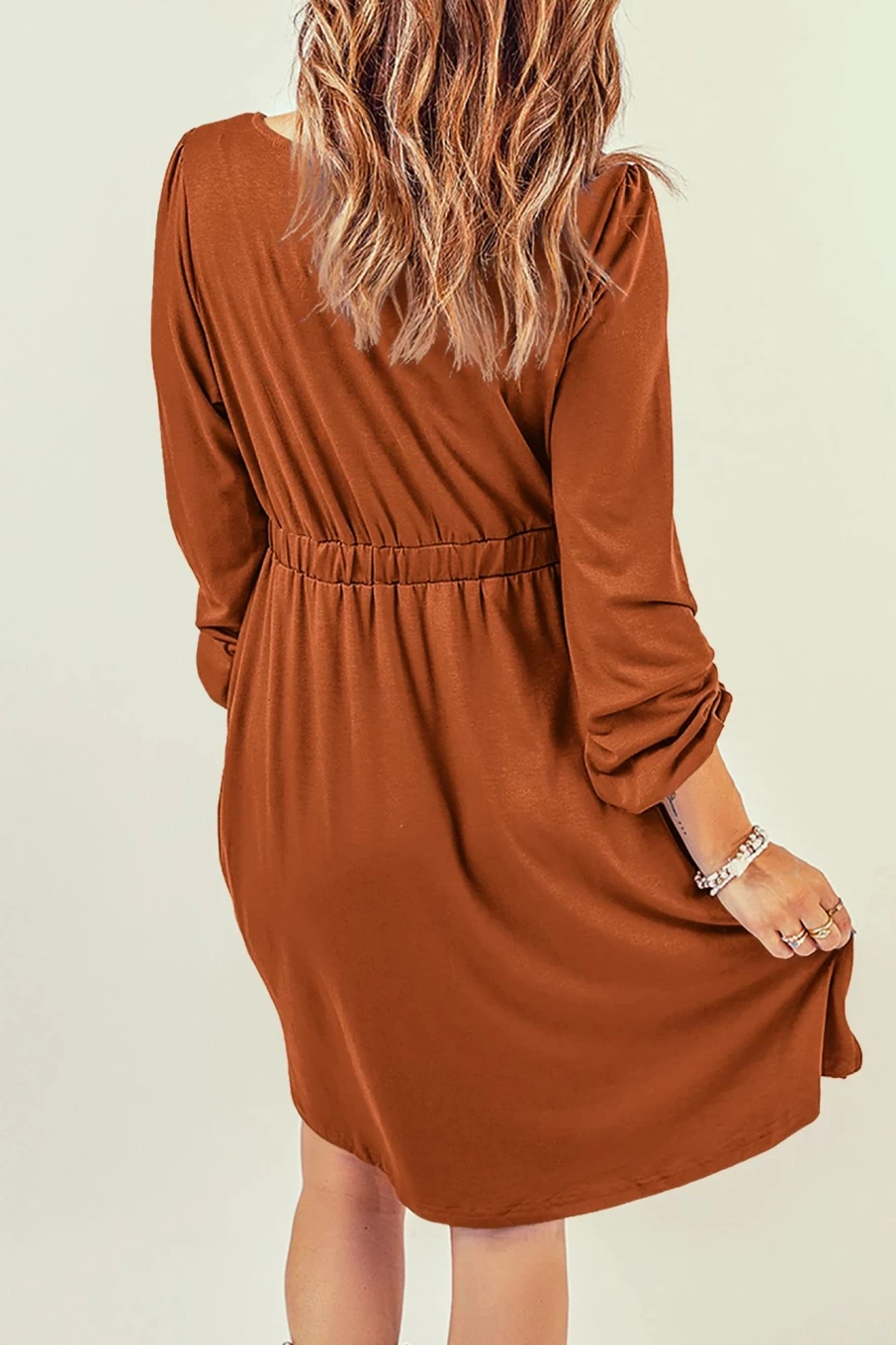 Shewin Women's Khaki Button Up High Waist Long Sleeve Casual Dress