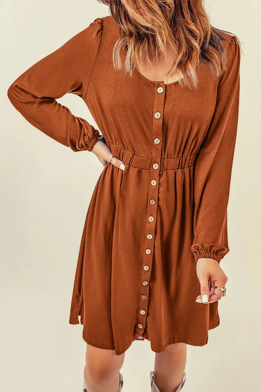 Shewin Women's Khaki Button Up High Waist Long Sleeve Casual Dress