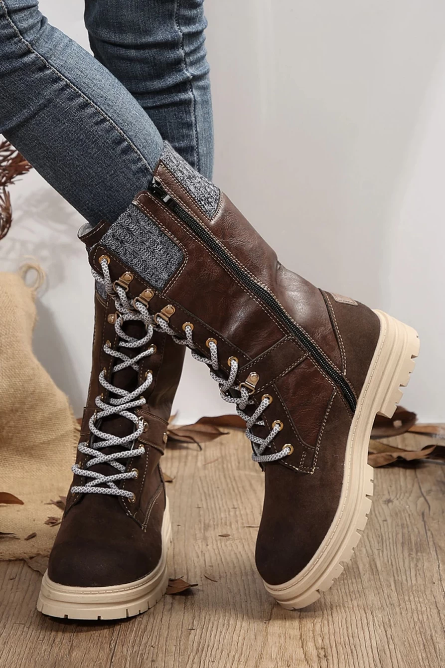 Shewin Women's Coffee Wool Knit Patchwork Lace-Up Leather Boots