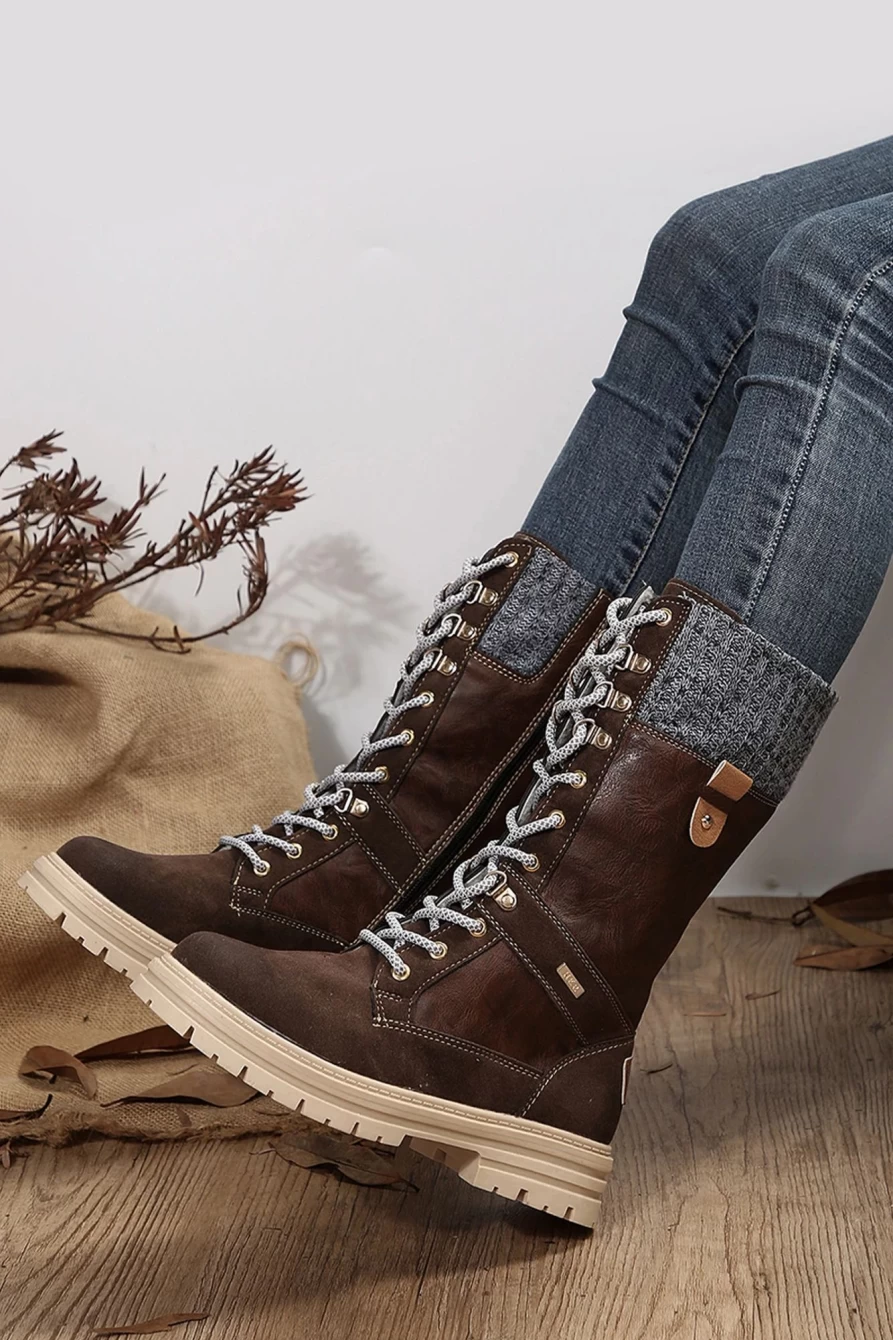 Shewin Women's Coffee Wool Knit Patchwork Lace-Up Leather Boots