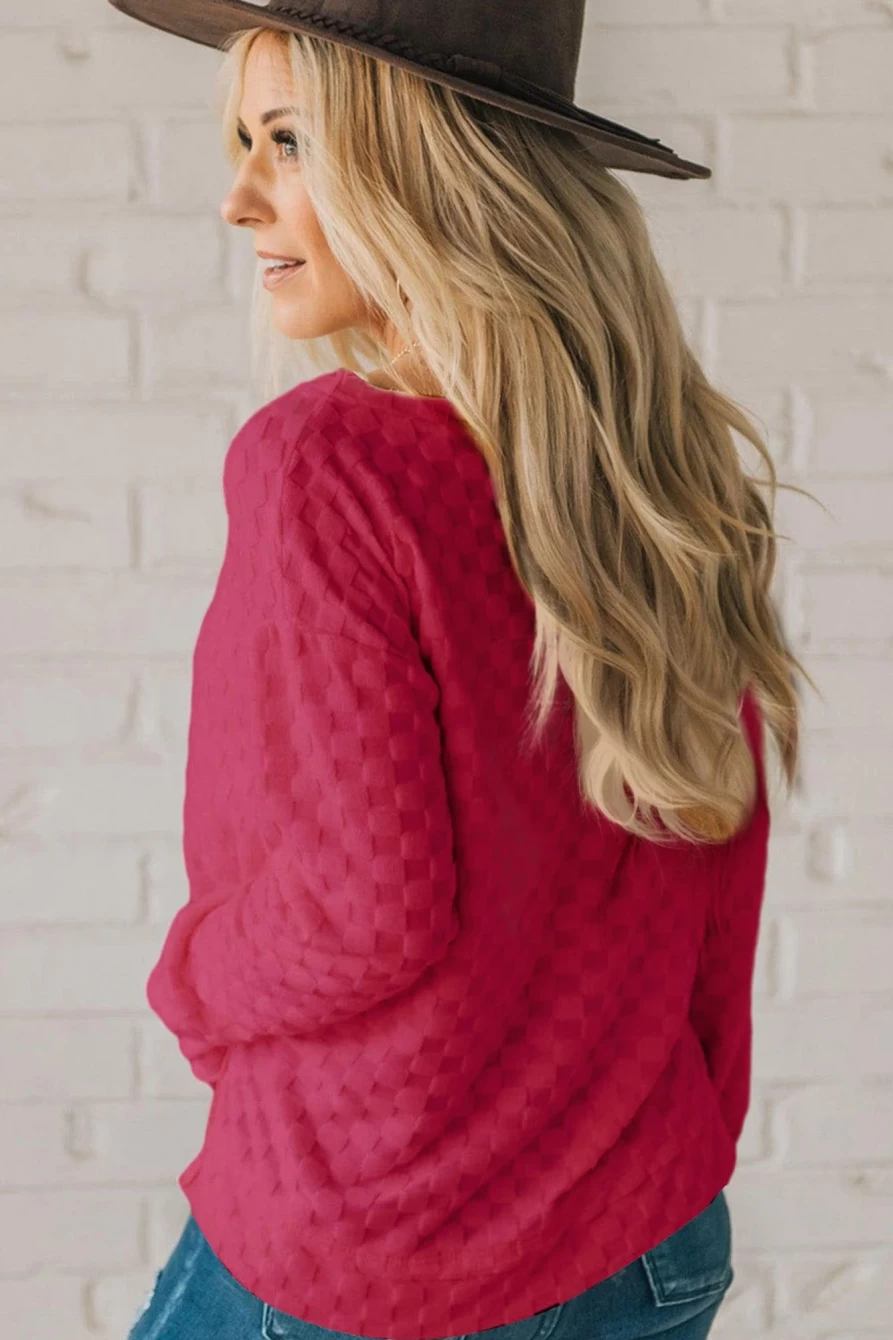 Shewin Women's Rose Red Checkered Furry Thumbhole Long Sleeve Top