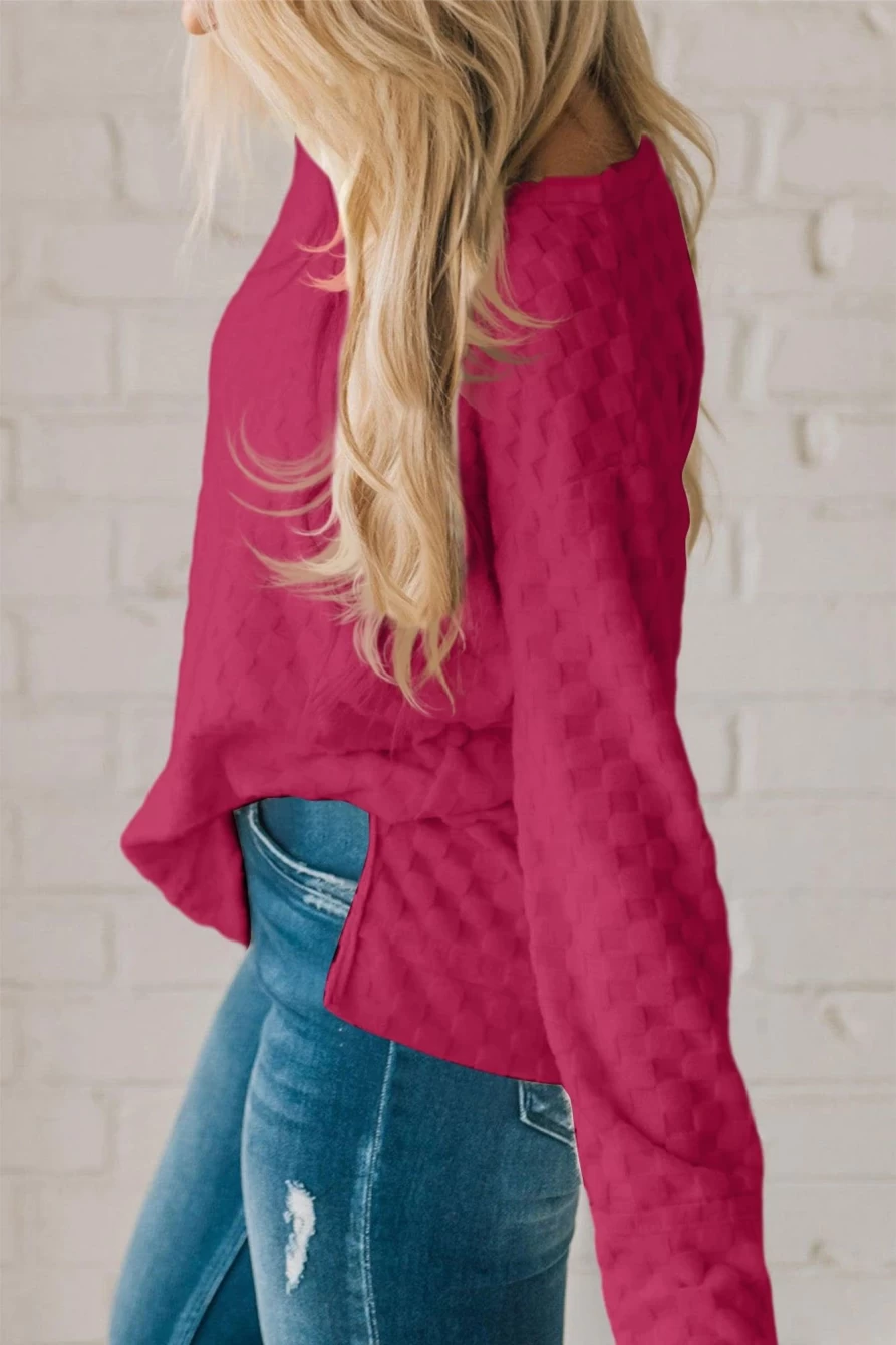 Shewin Women's Rose Red Checkered Furry Thumbhole Long Sleeve Top