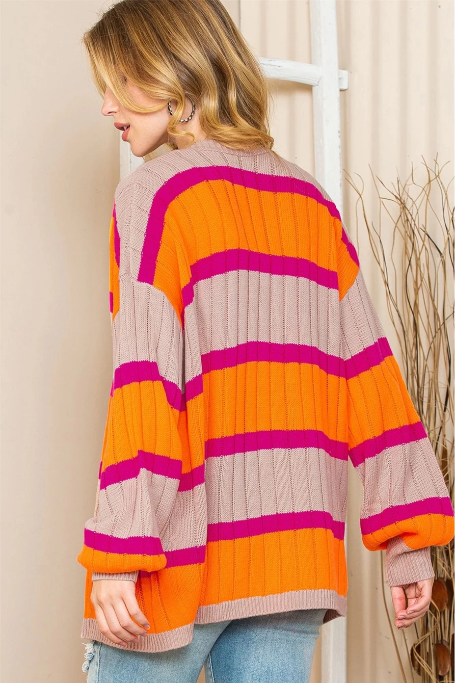 Women's Orange Stripe Print Ribbed Knit Cardigan Sweater | Shewin Fashion Cozy Pullover