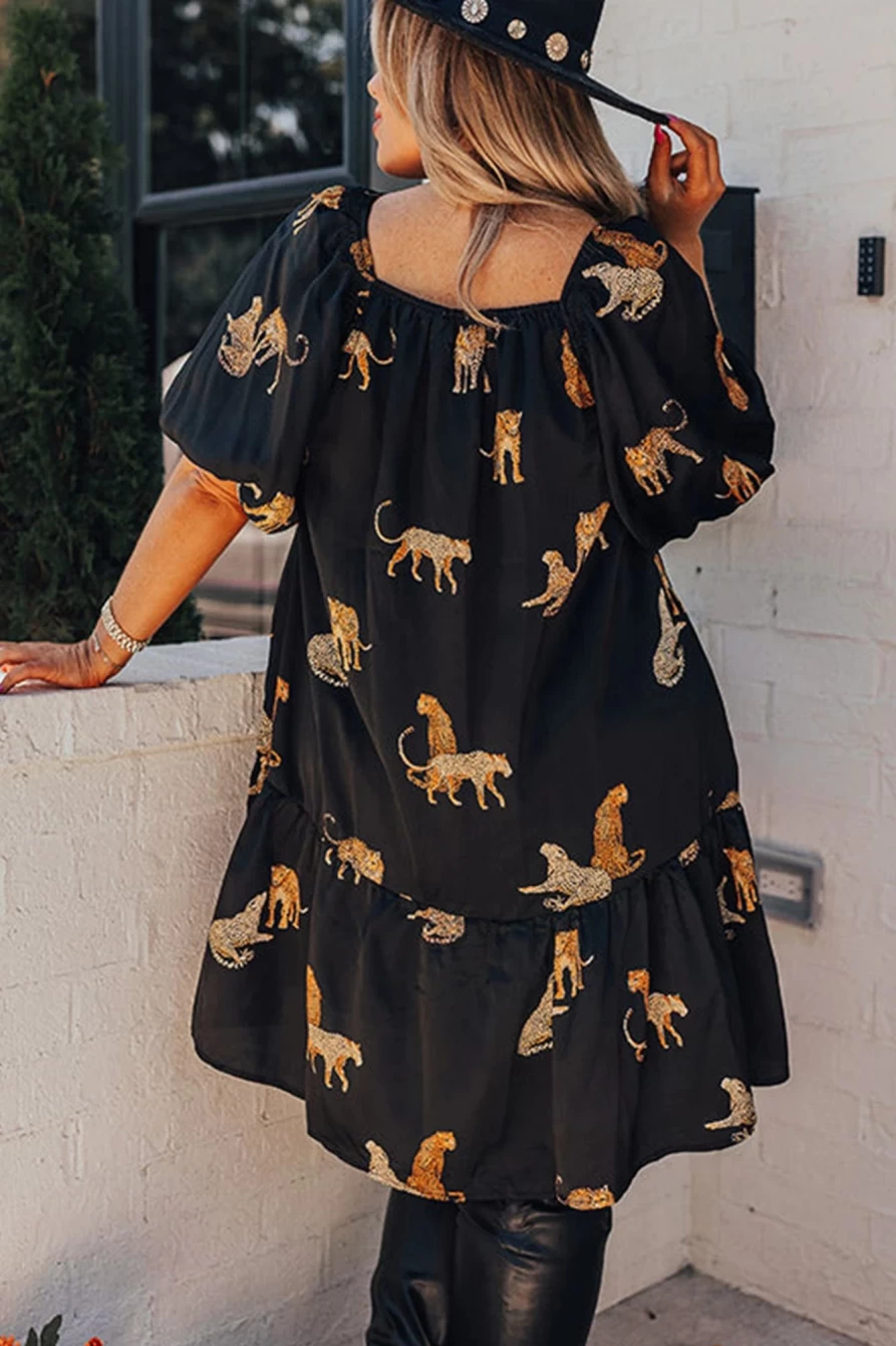 Shewin Women's Black Cheetah Print Puff Sleeve Ruffle Mini Dress Plus Size