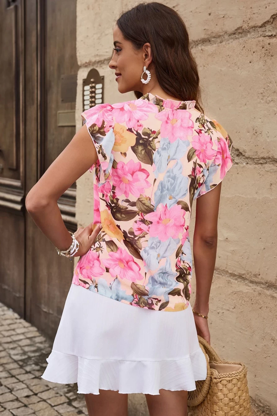 Shewin Women's Pink Floral Print Ruffled Peasant Blouse with Tie Neck
