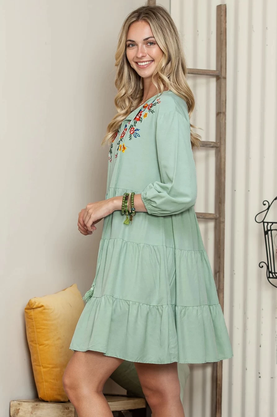 Shewin Women's Green Floral Embroidered Tiered Ruffle Hem Dress