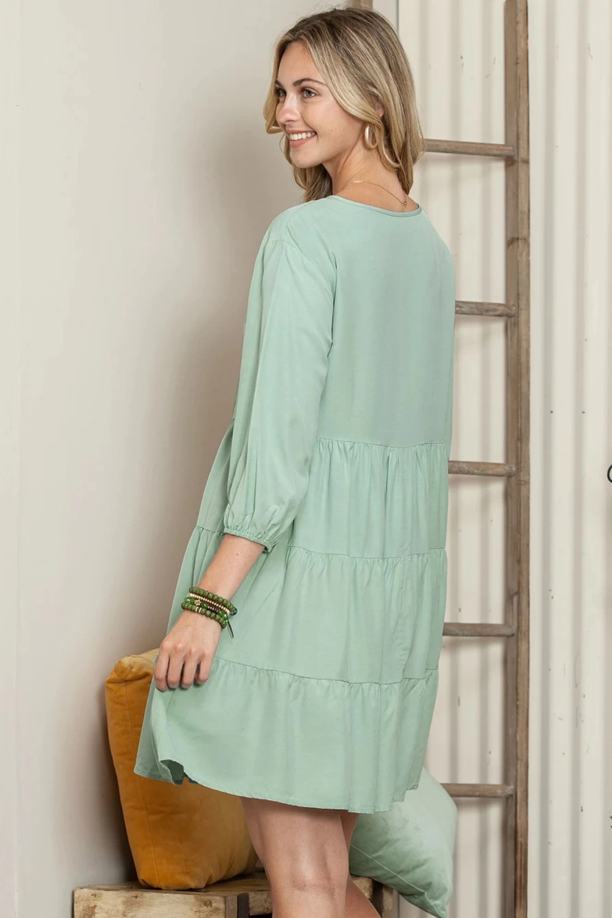 Shewin Women's Green Floral Embroidered Tiered Ruffle Hem Dress