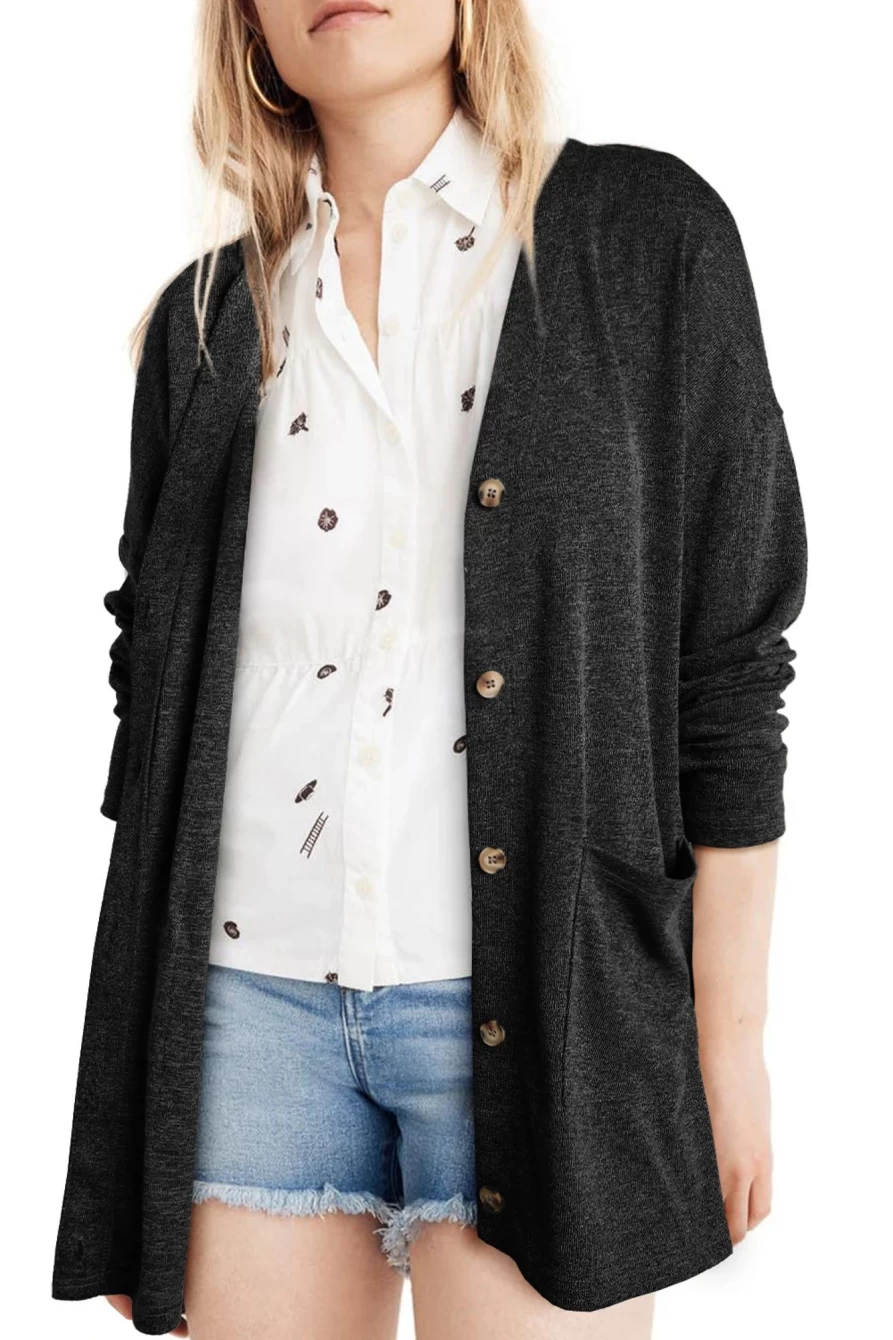 Women's Black Pocketed Knit Cardigan - Shewin Casual Button Front Sweater