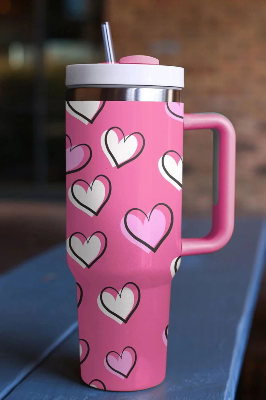 "Shewin Rose Red Valentine's Heart Printed Thermos Cup With Handle for Women"