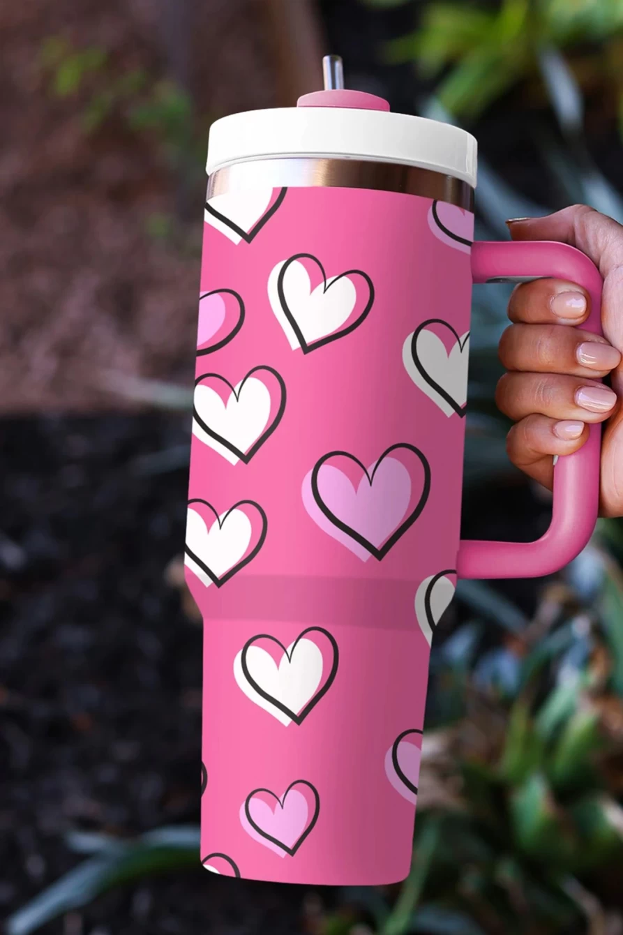 "Shewin Rose Red Valentine's Heart Printed Thermos Cup With Handle for Women"