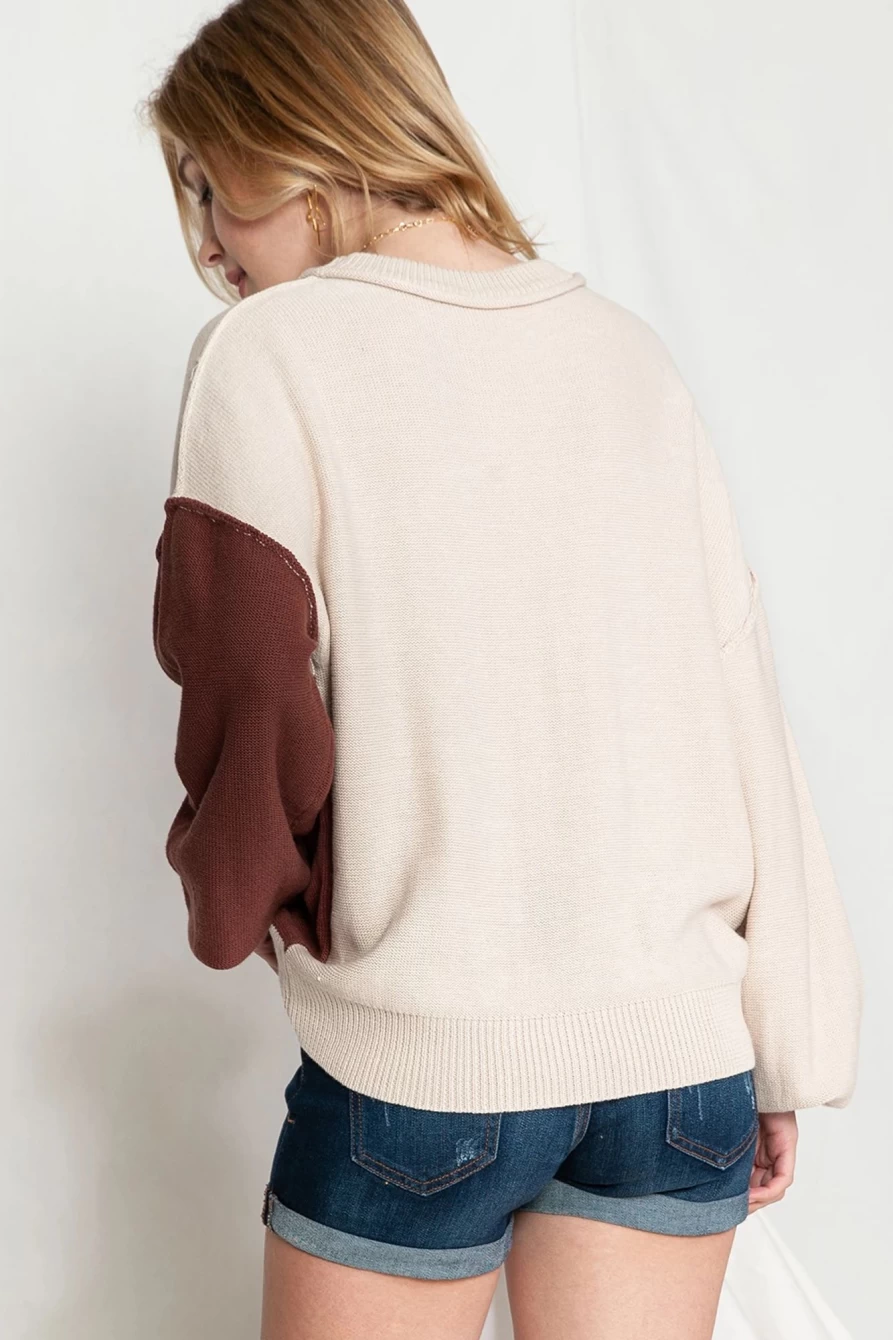 Shewin Women's Chicory Coffee Lantern Sleeve Sweater with Contrast Trim & Exposed Seams