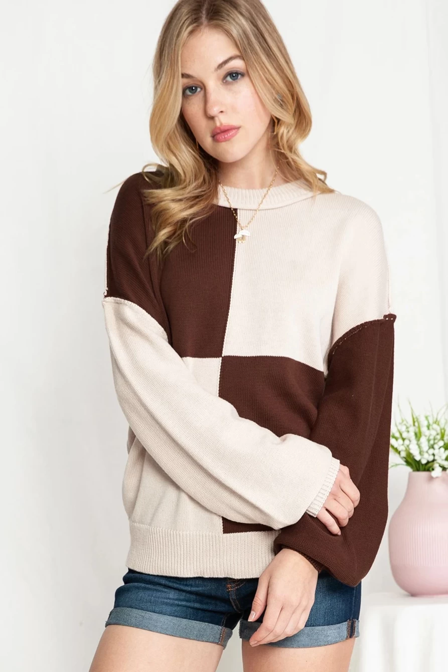 Shewin Women's Chicory Coffee Lantern Sleeve Sweater with Contrast Trim & Exposed Seams