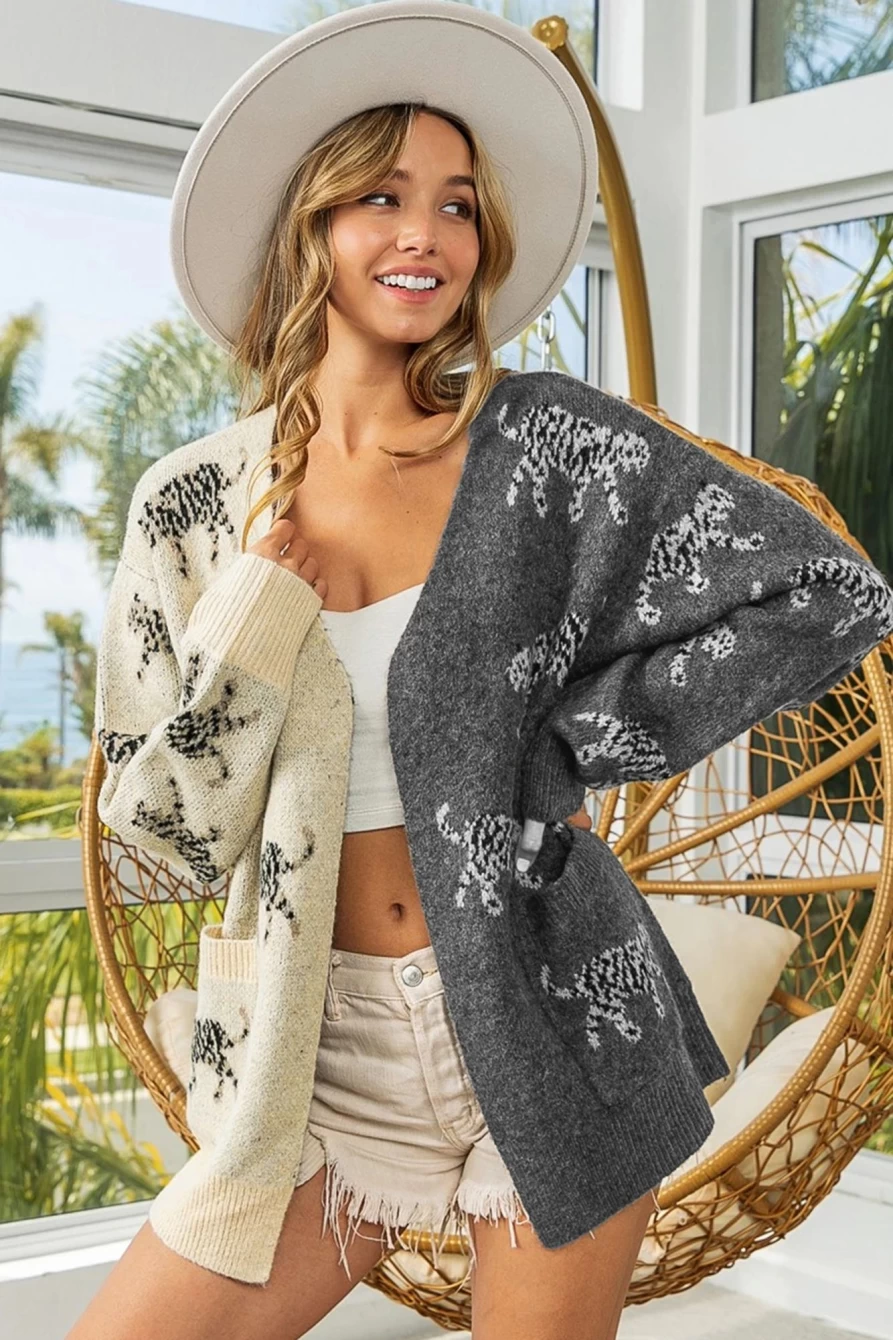 Women's Multicolor Animal Print Knitted Cardigan With Pockets - Shewin Open Front Color Block Sweater