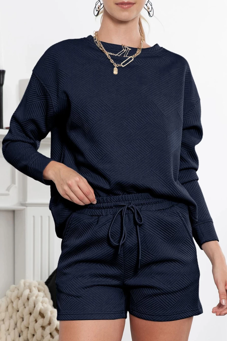 Shewin Women's Navy Blue Textured Long Sleeve Top & Drawstring Shorts Lounge Set
