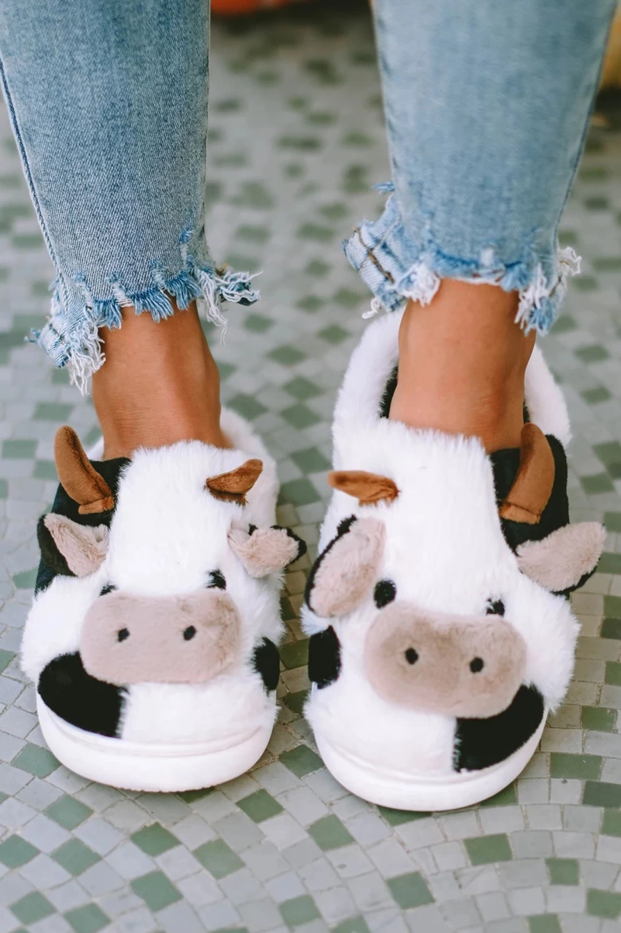 Shewin Women's White Cartoon Animal Plush Slippers - Soft Cozy Home Shoes