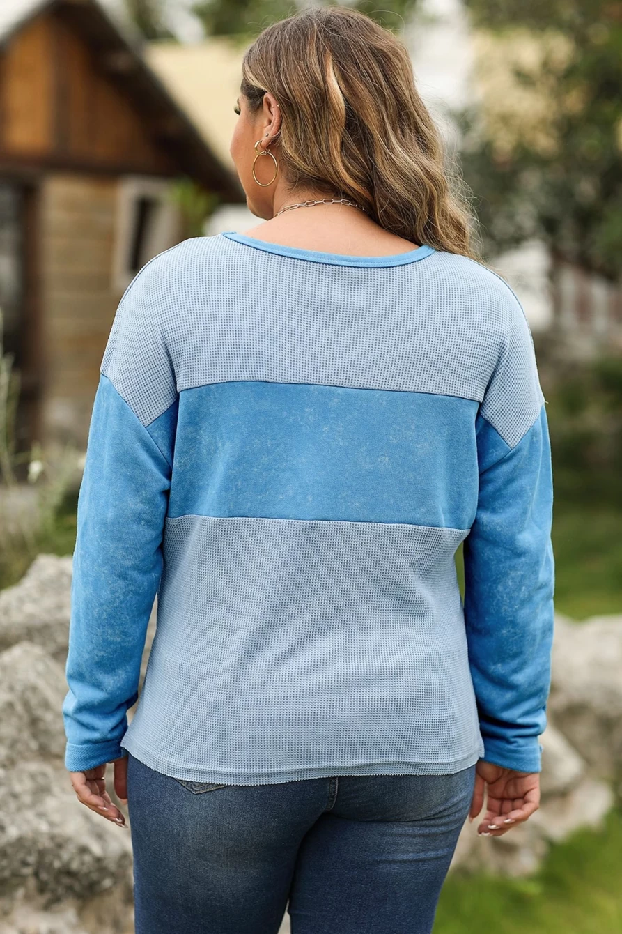 Shewin Women's Sky Blue Plus Size Waffle Knit Drop Shoulder Top - Washed Patchwork Casual Tee