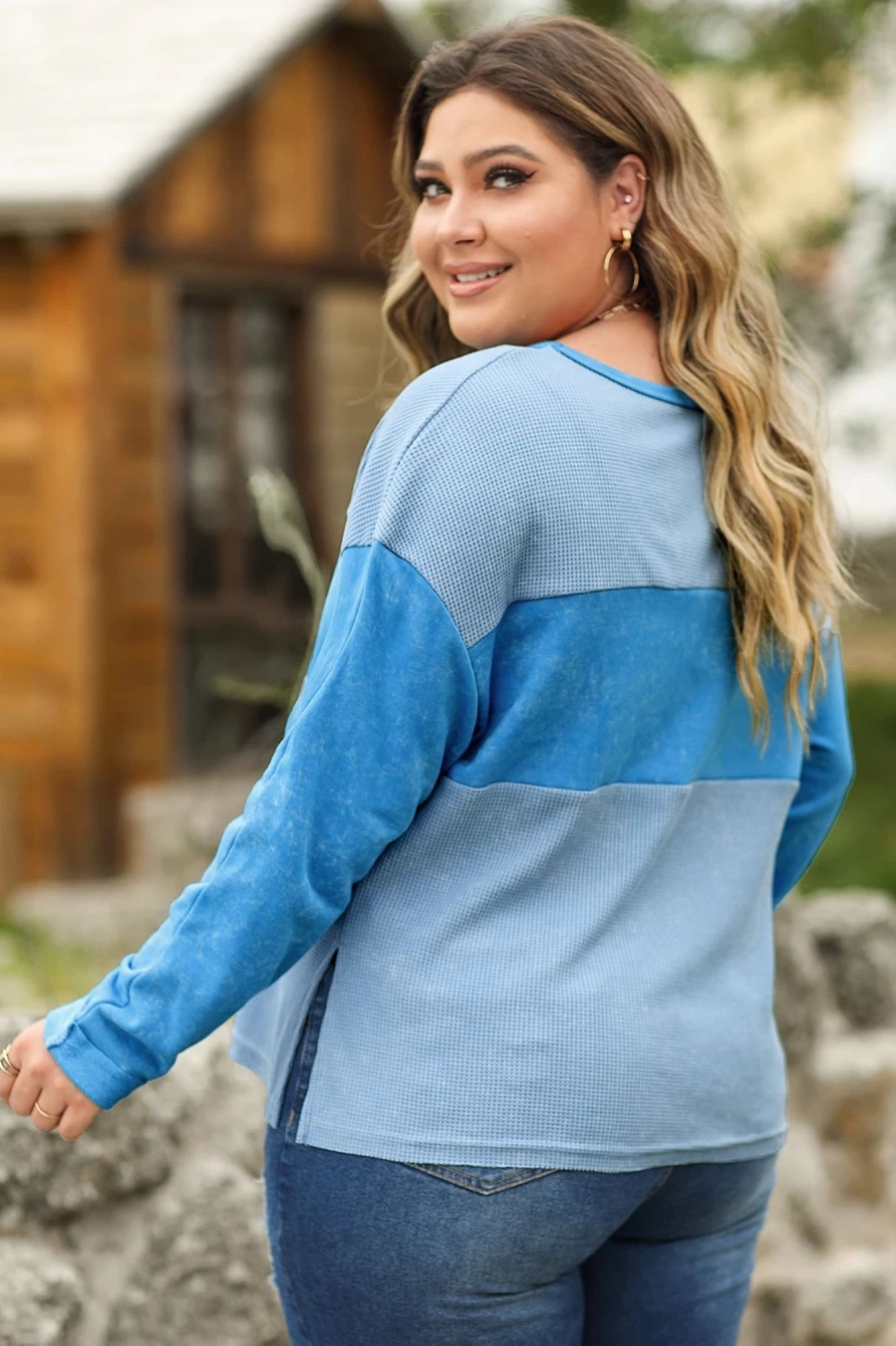 Shewin Women's Sky Blue Plus Size Waffle Knit Drop Shoulder Top - Washed Patchwork Casual Tee