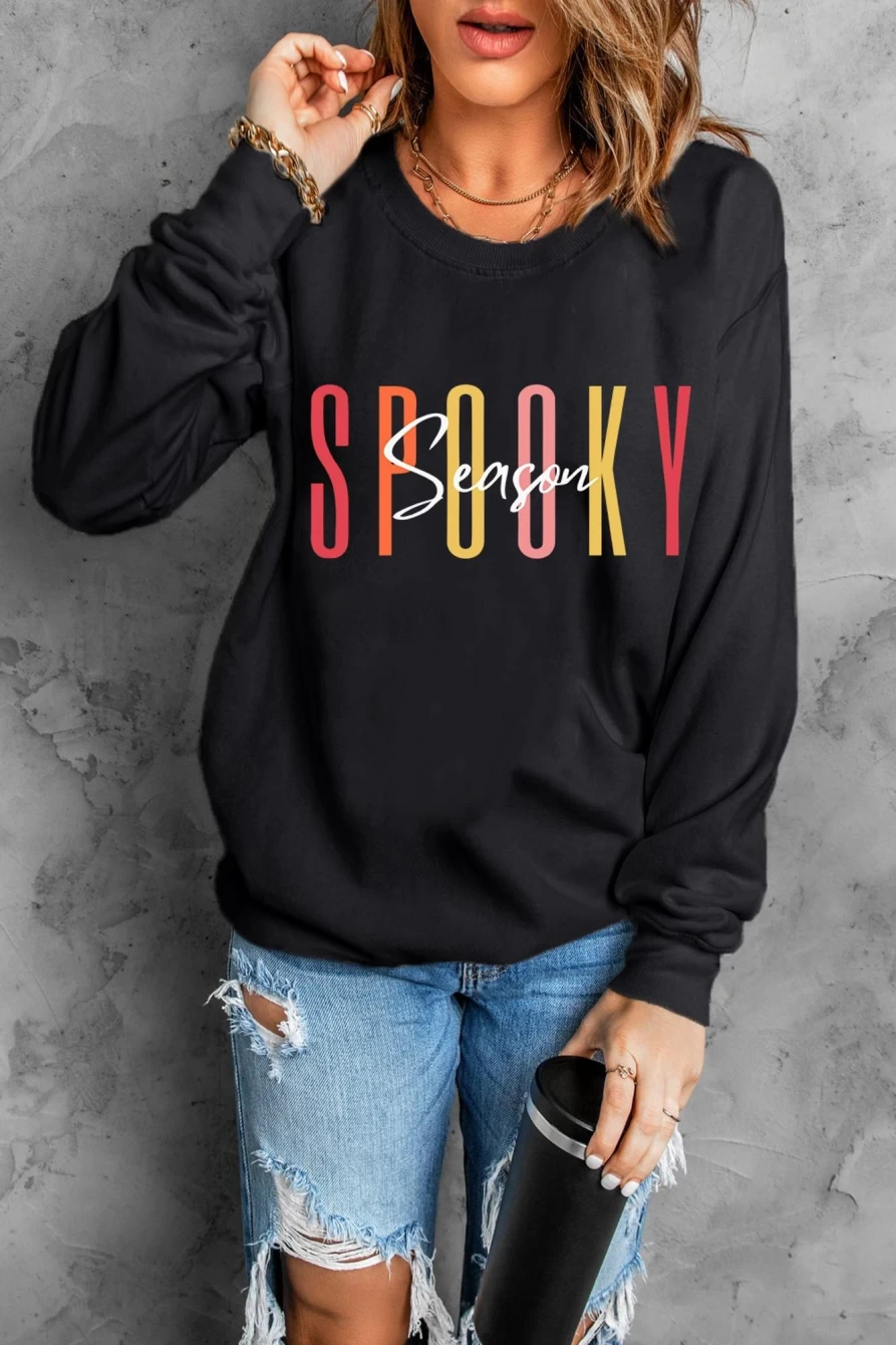 "Women's Black Halloween Graphic Sweatshirt - Spooky Season Fashion by Shewin"