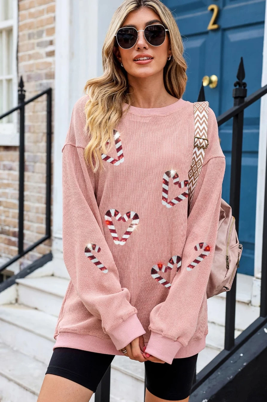 Shewin Women's Pink Christmas Cane Graphic Sweatshirt - Festive Corded Shining Holiday Pullover