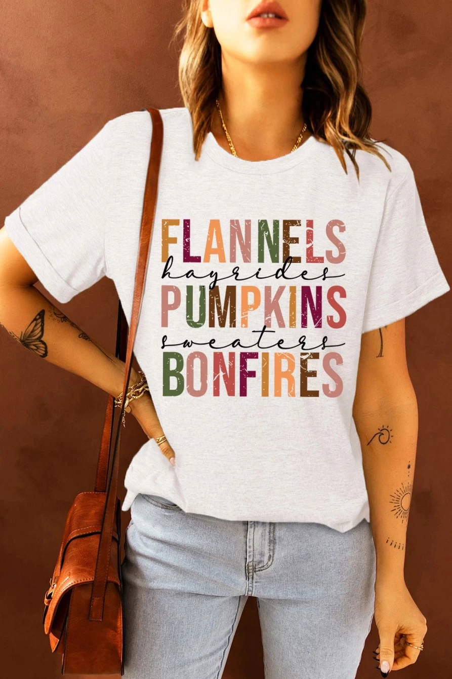 "SheWin Women's White Flannels Pumpkins Bonfires Graphic Crewneck Tee"