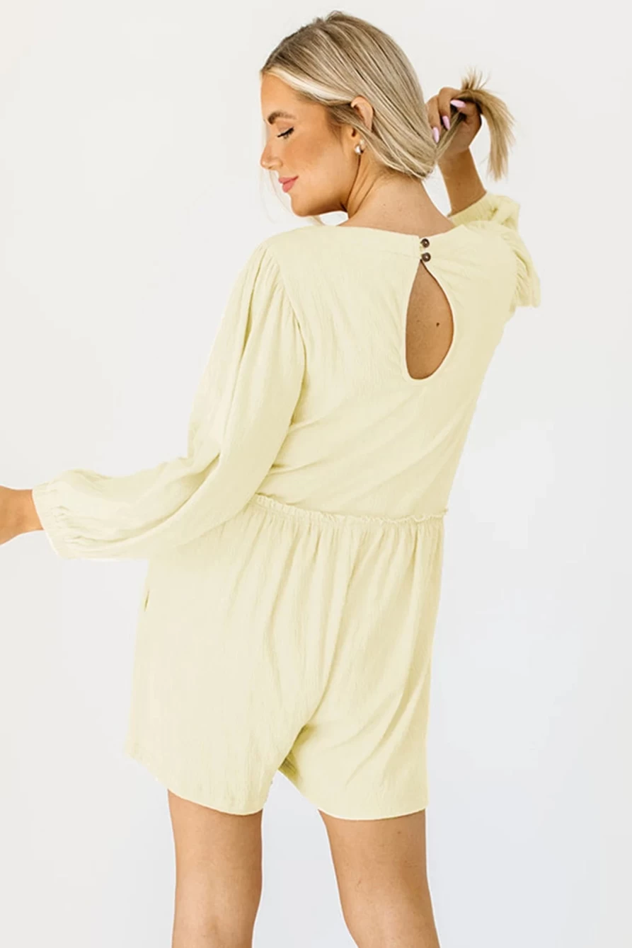 Shewin Women's Apricot Solid Color Long Sleeve Casual Romper Jumpsuit