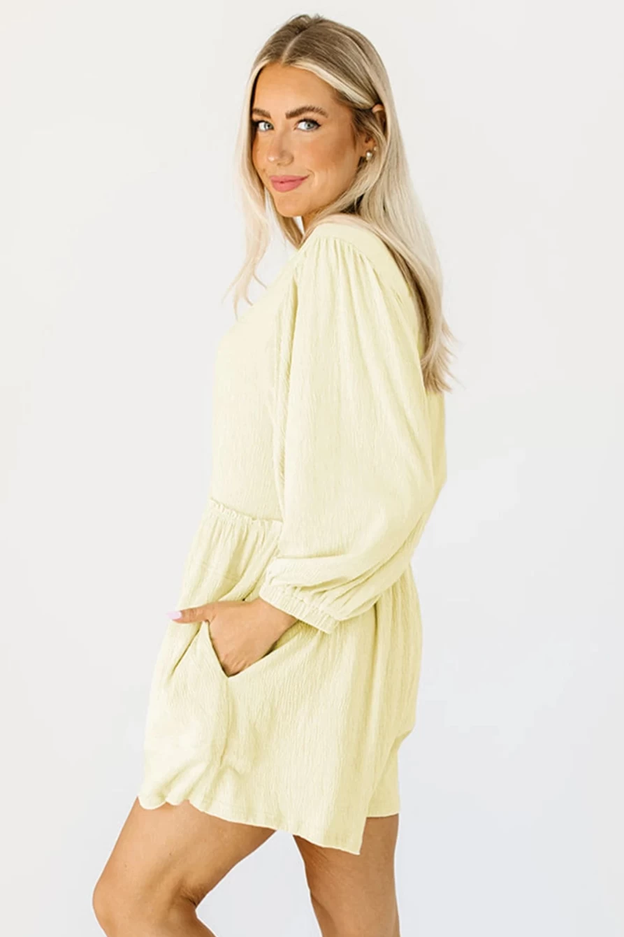 Shewin Women's Apricot Solid Color Long Sleeve Casual Romper Jumpsuit