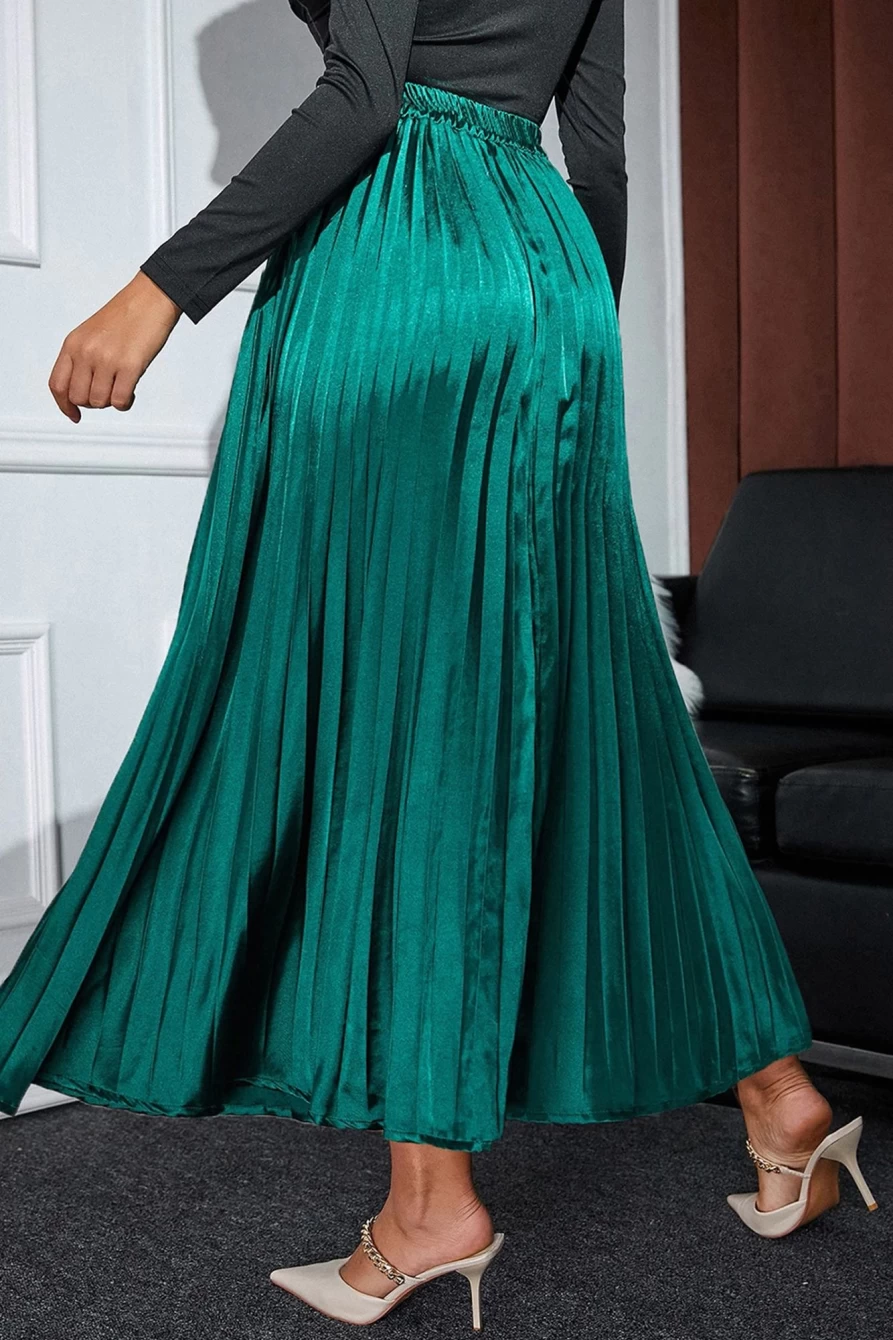 Shewin Women's Blackish Green Satin Maxi Skirt with Elastic Waist & Pleated Detail