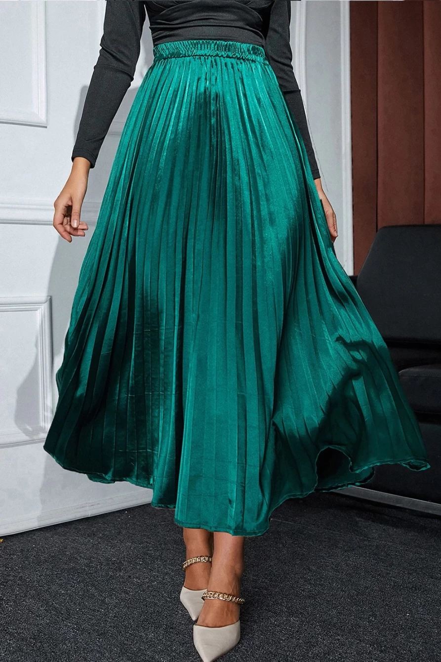 Shewin Women's Blackish Green Satin Maxi Skirt with Elastic Waist & Pleated Detail