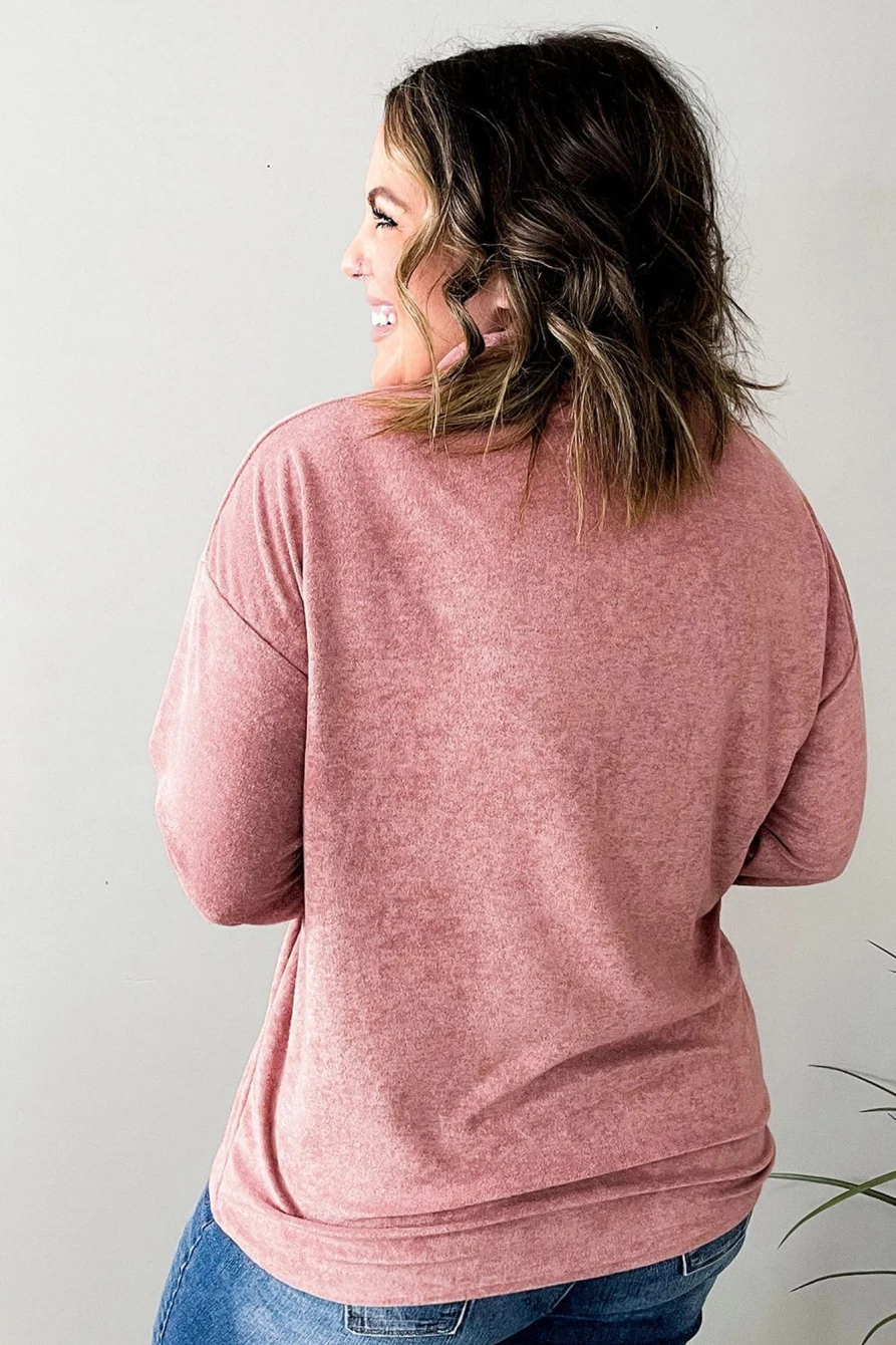 Shewin Women's Plus Size Pink V-Neck Long Sleeve Button Down Blouse
