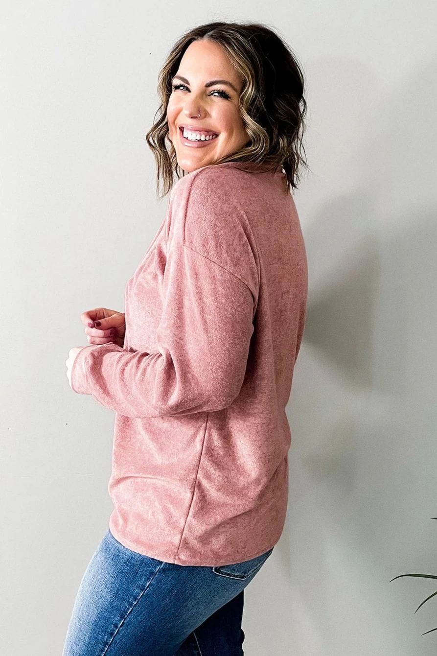 Shewin Women's Plus Size Pink V-Neck Long Sleeve Button Down Blouse
