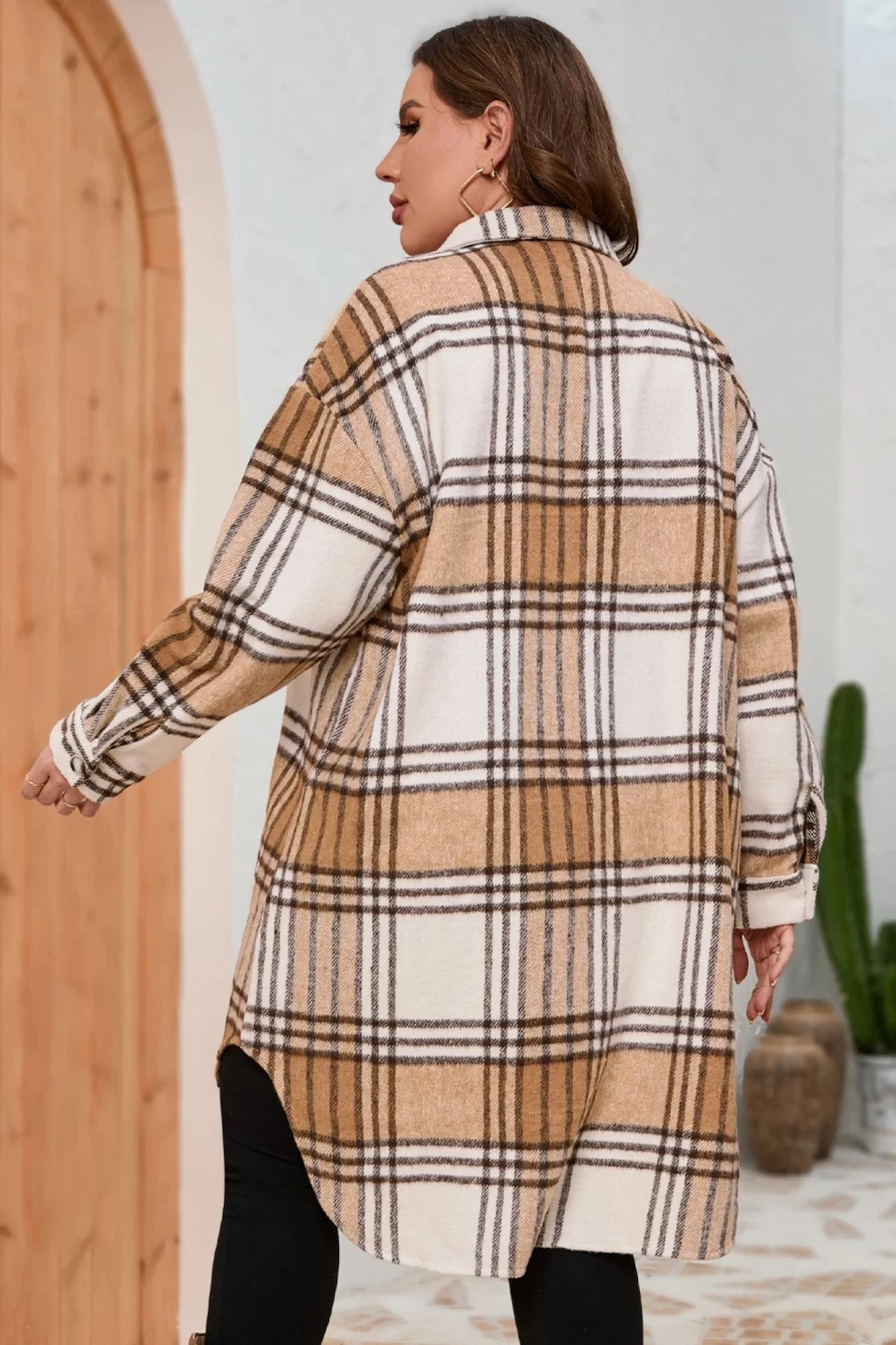 Shewin Women's Plus Size Khaki Plaid Shacket with Chest Pockets