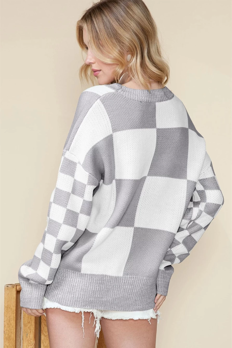 Shewin Women's Medium Grey Plaid Knit Drop Shoulder Oversized Sweater