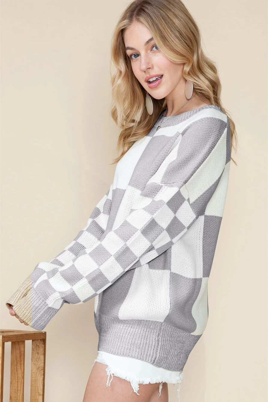 Shewin Women's Medium Grey Plaid Knit Drop Shoulder Oversized Sweater