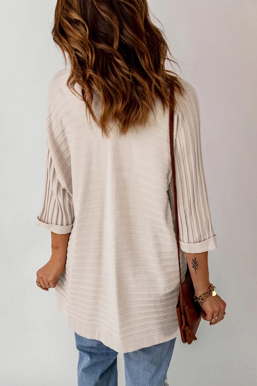 Women's Pink Ribbed Knit 3/4 Sleeve Open Front Swimsuit Cover-Up Cardigan by Shewin