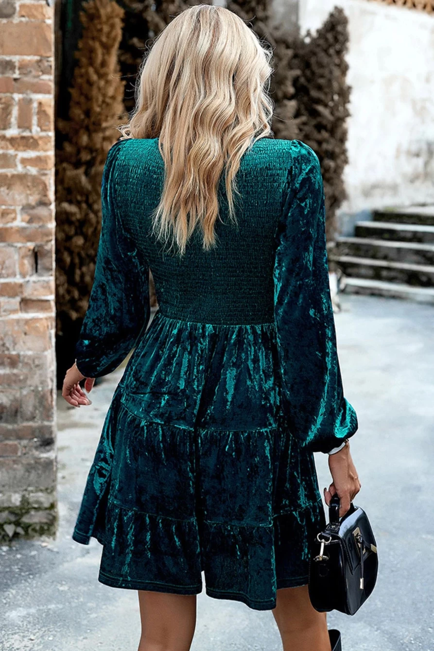 Shewin Women's Green Velvet Mini Dress with Smocked Detail, Puff Sleeves & Ruffle Hem