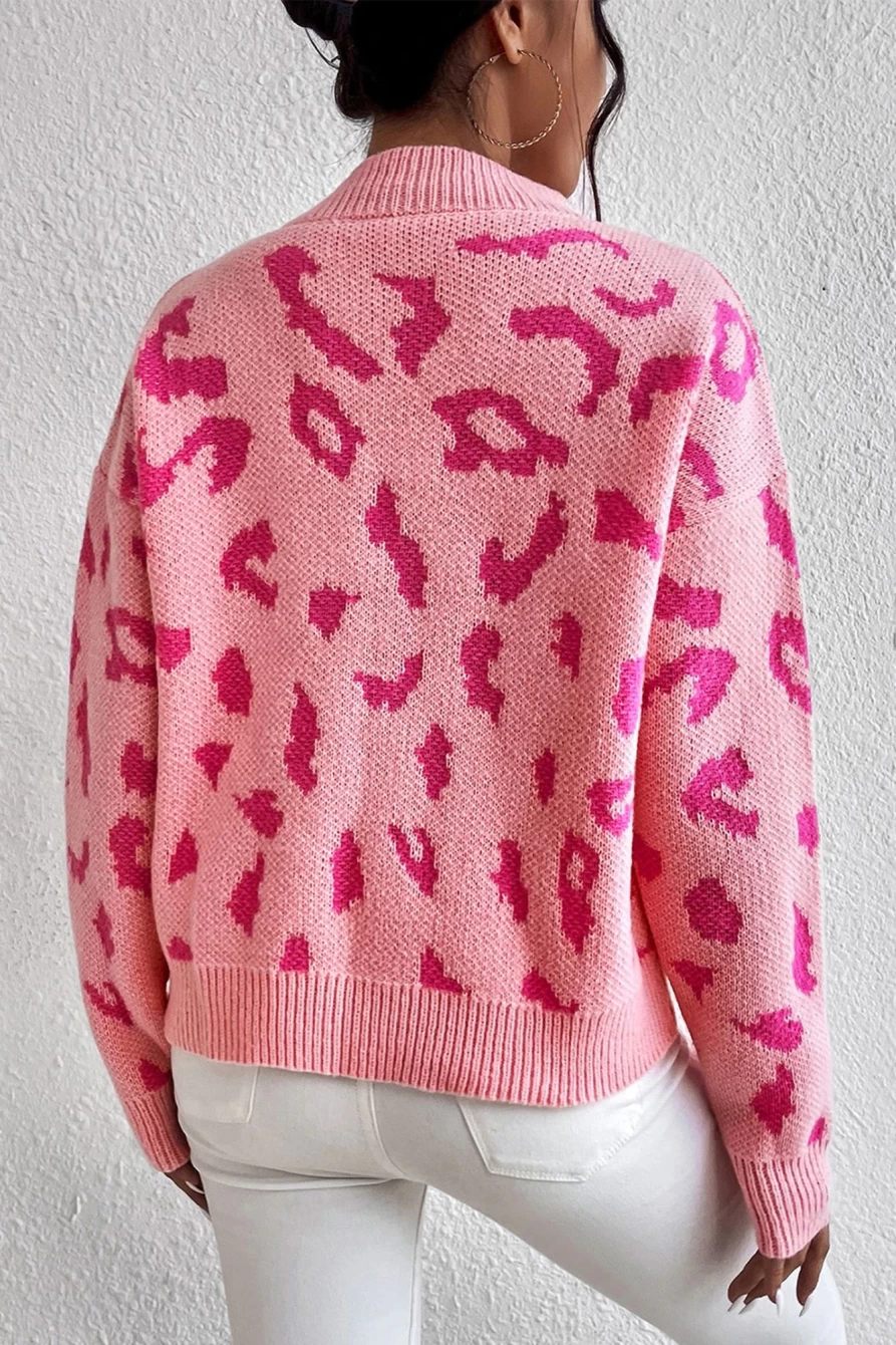 Shewin Women's Pirouette Leopard Print Mock Neck Ribbed Trim Sweater