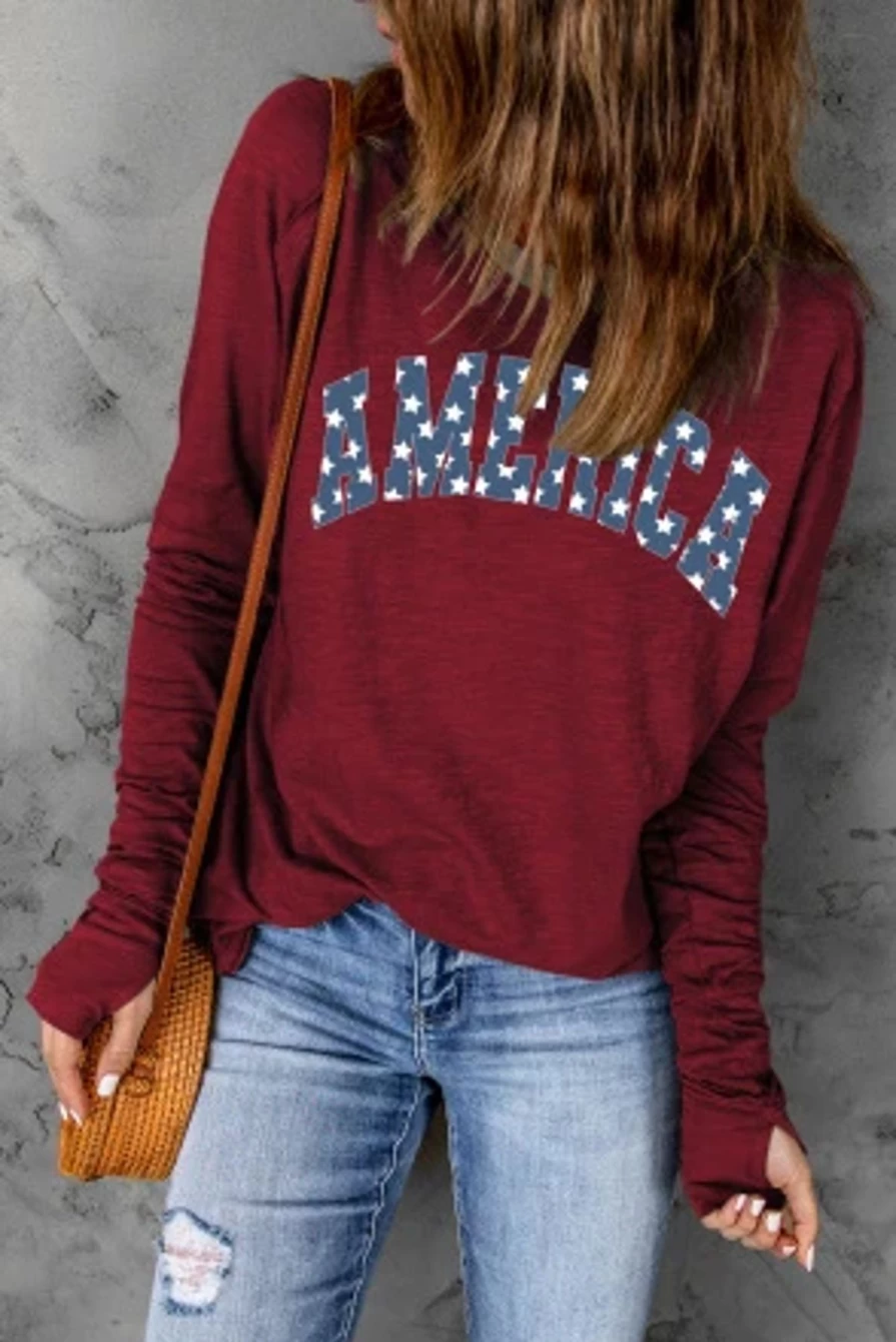 Shewin Women's Red Starry America Print Thumbhole Long Sleeve T-Shirt