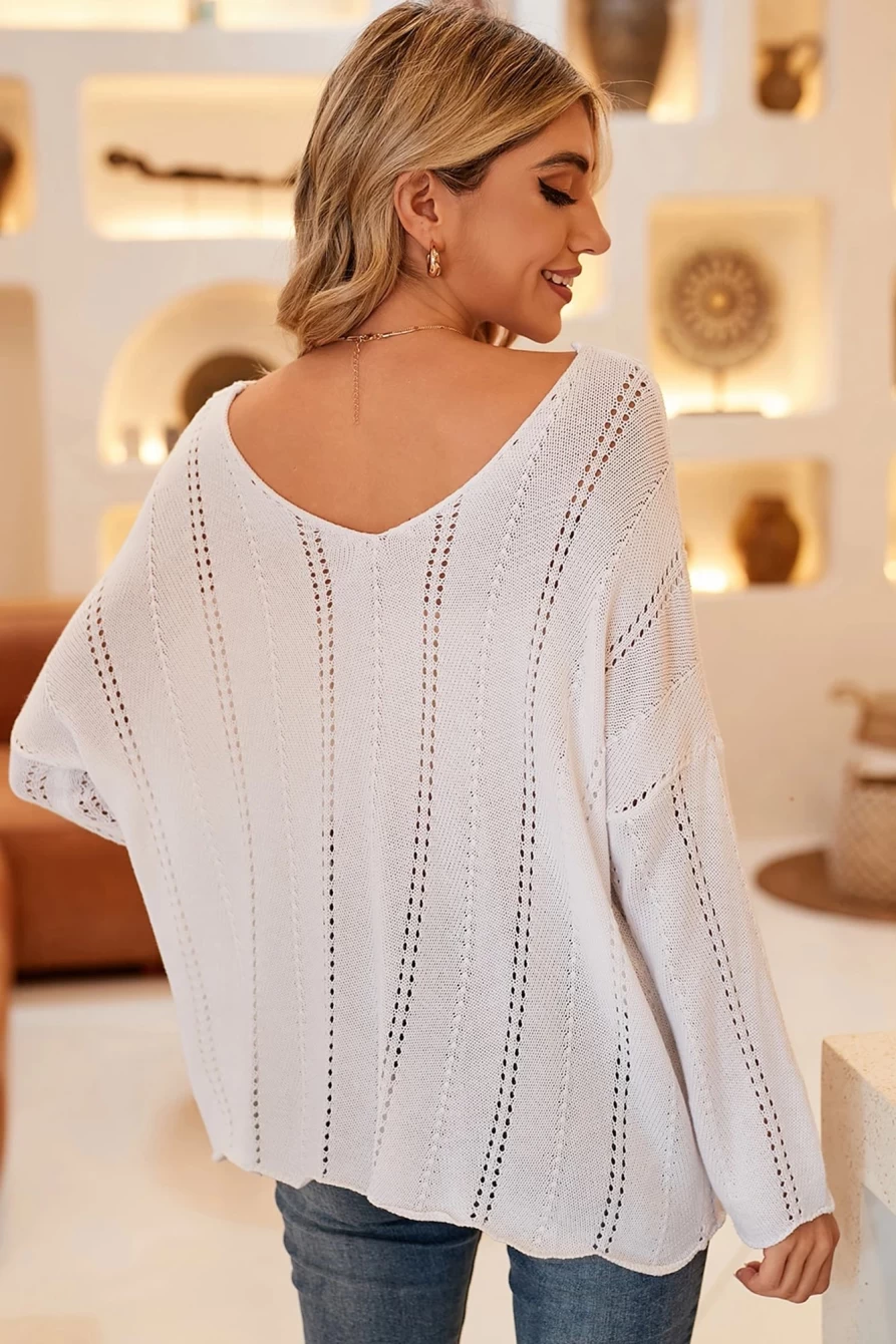 Shewin Women's White Hollowed Detail Knitted Loose V-Neck Sweater