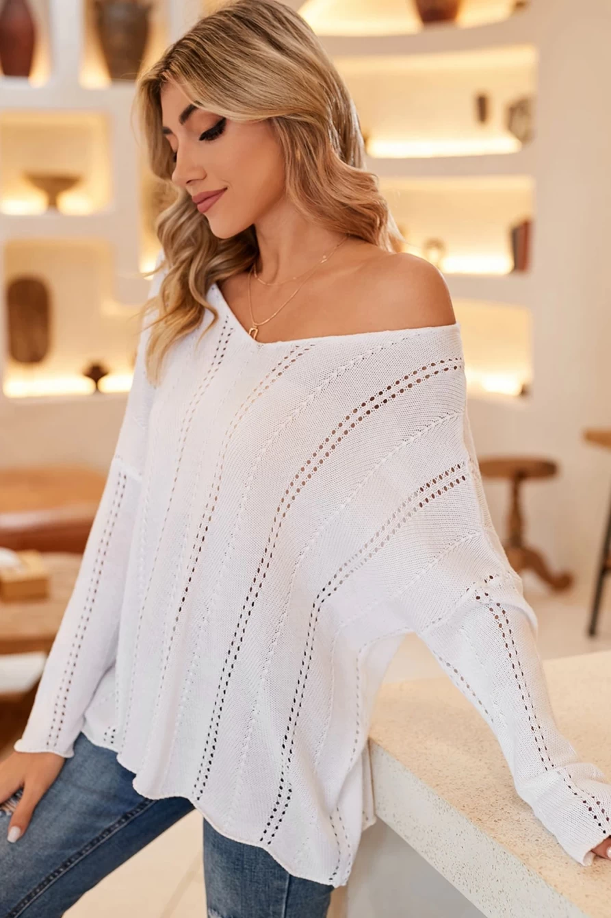 Shewin Women's White Hollowed Detail Knitted Loose V-Neck Sweater