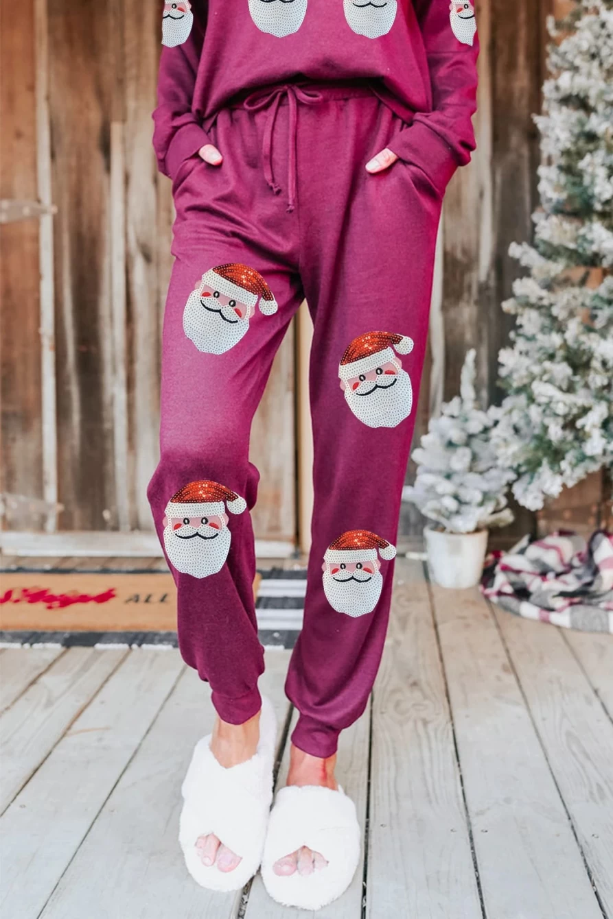 "SheWin Women's Red Sequins Santa Claus Christmas Loungewear Set"