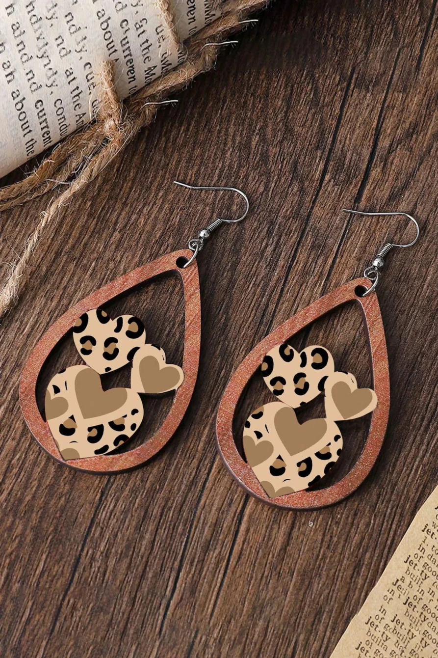 Shewin Coffee Leopard Heart Hollow Drop Earrings for Women - Unique Animal Print Dangle Earrings