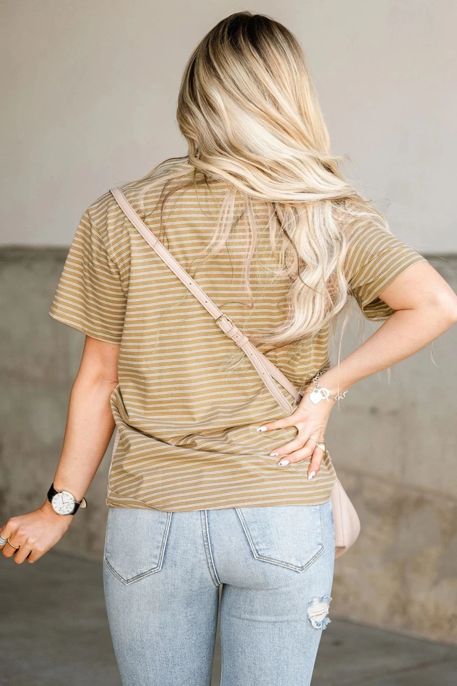 Shewin Women's Stripe Color Block T-Shirt with Chest Pocket Casual Top