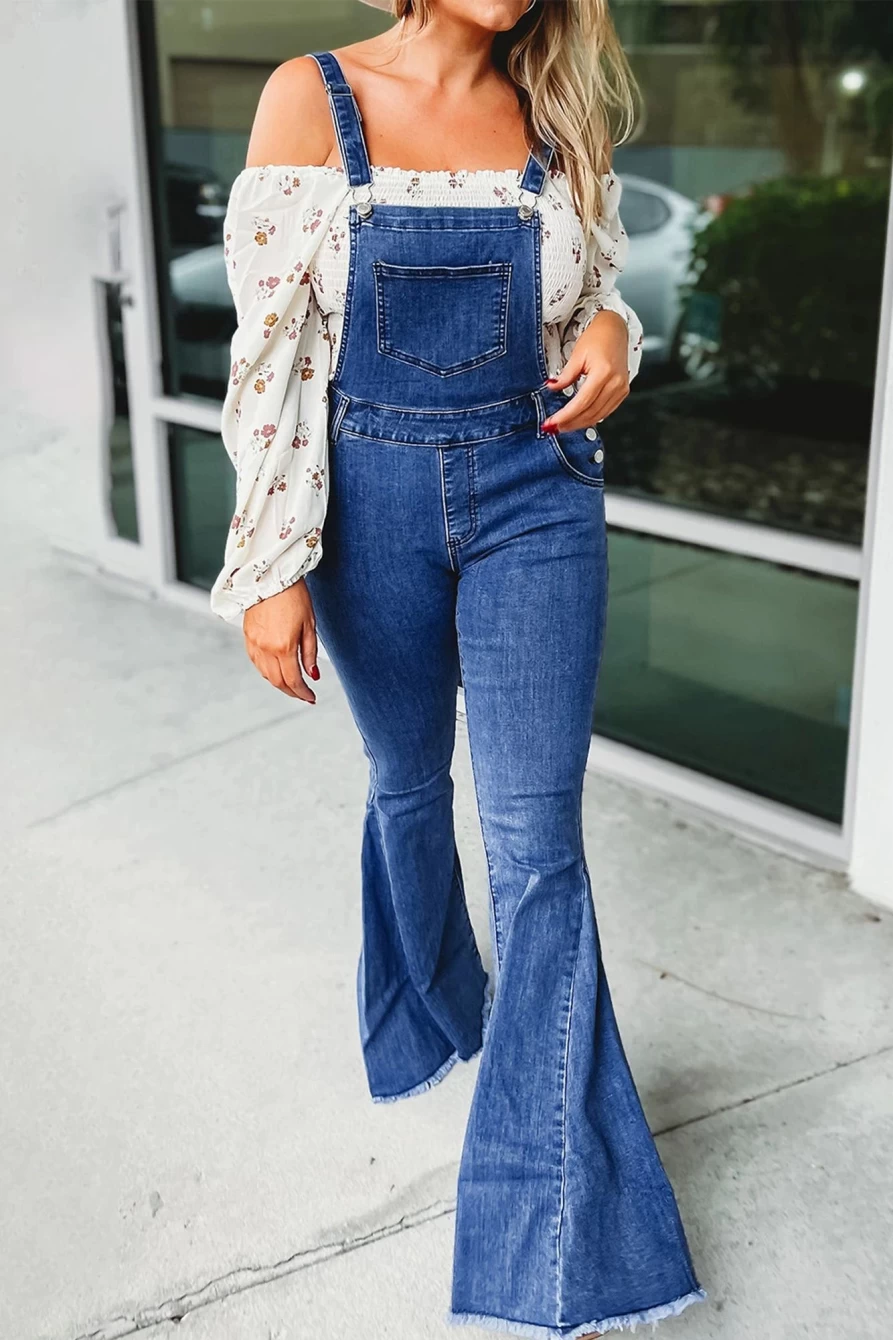 Shewin Women's Dark Blue Denim Adjustable Buckle Strap Flared Jumpsuit