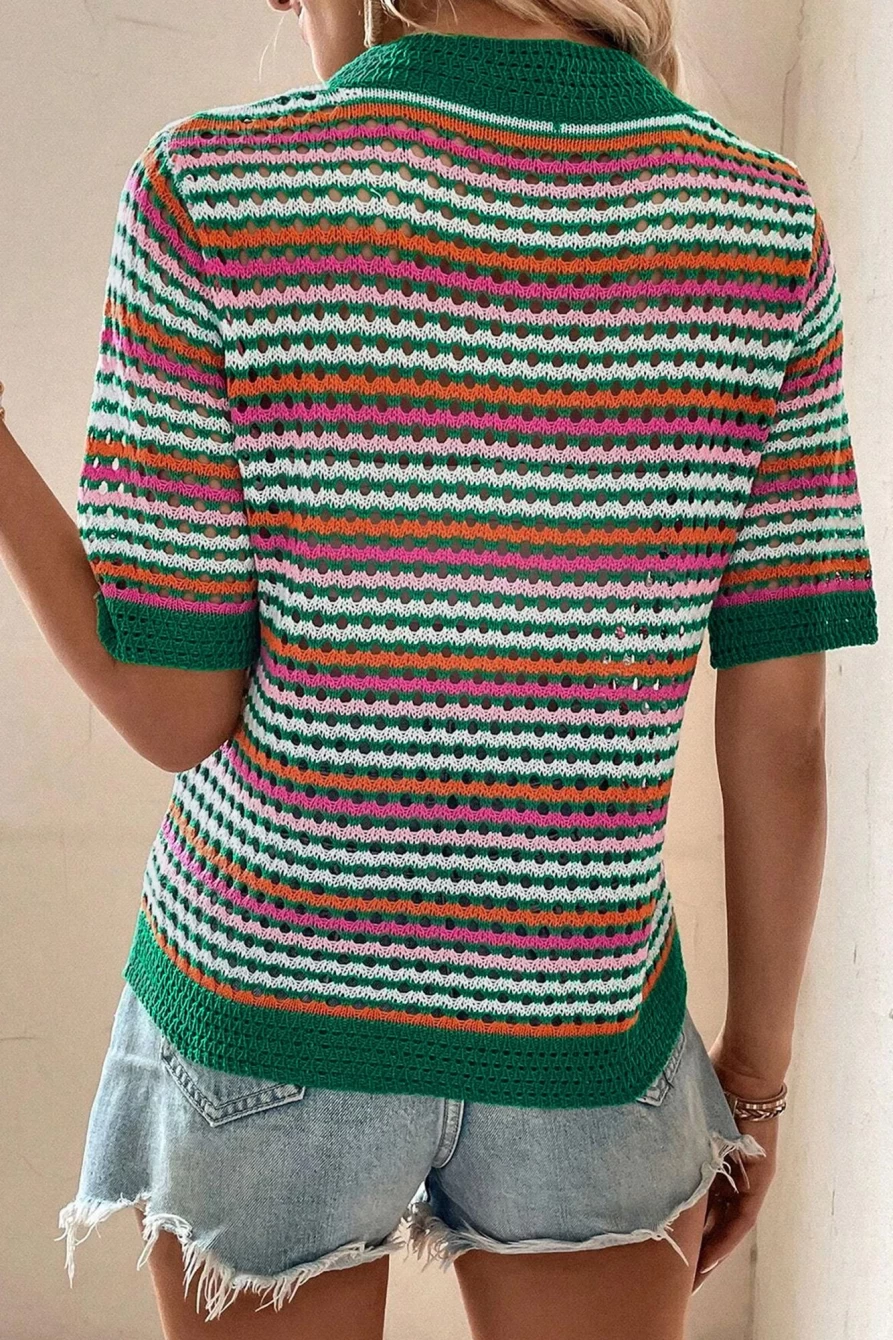Shewin Women's Dark Green Striped Hollow Out Knit T-Shirt with Contrast Trim