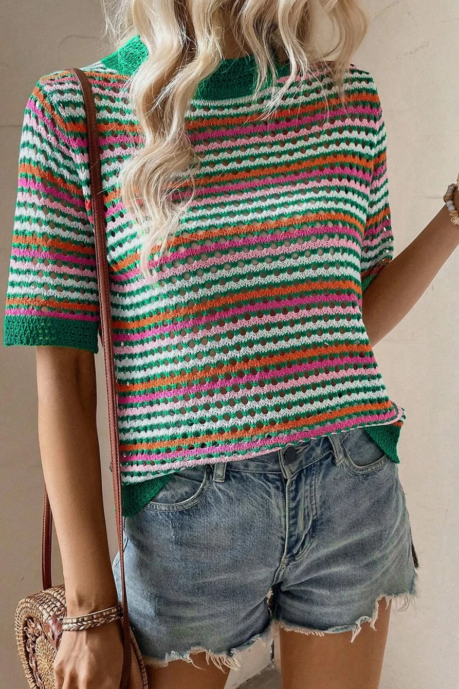 Shewin Women's Dark Green Striped Hollow Out Knit T-Shirt with Contrast Trim