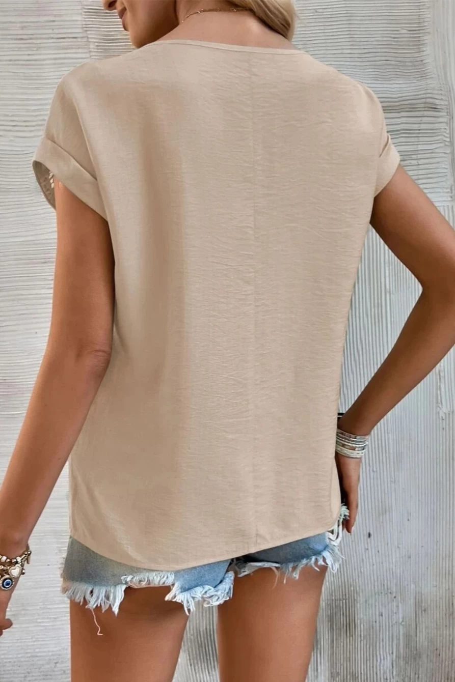 Shewin Women's Khaki Basic Crochet Detail Casual Blouse