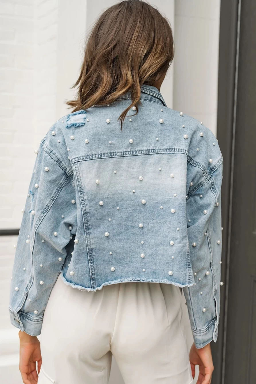 "SheWin Women's Sky Blue Cropped Denim Jacket with Pearl Beading"