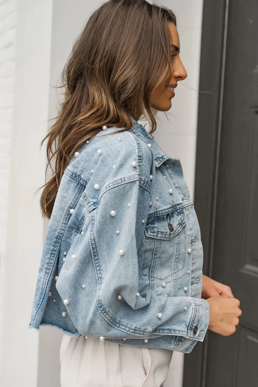 "SheWin Women's Sky Blue Cropped Denim Jacket with Pearl Beading"