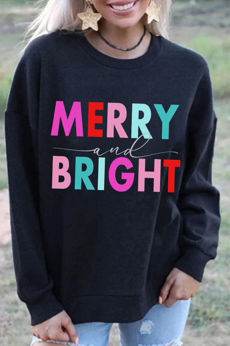 Shewin Women's Black Merry And Bright Graphic Round Neck Sweatshirt